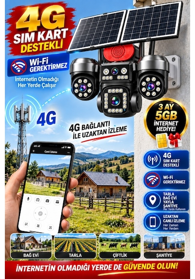 4g Solar Güvenlik Kamerası 4 Kameralı 3 Ptz Çift Solar Panel İnsan Takip Gece Görüş Siren Ip66