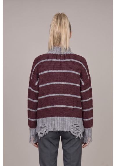 Neden Tekstil Kadın Premium Çizgili Yırtık Detaylı Oversize Triko Kazak - Bordo