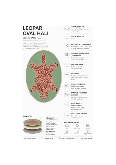 Leopar 02 Yeşil Pembe Leopar İnce Vintage Görünüm Şönil Dokuma Oval Oturma Odası Ev Mutfak Halısı