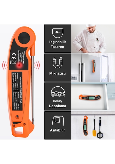 Thermopro TP605O Katlanabilir Problu Profesyonel Gıda Pişirme Termometresi-Turuncu