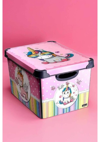 Style Box Retro Unicorn Desenli 20 L Dekoratif Oyuncak Ve Saklama Kutusu Gri Çok Renkli