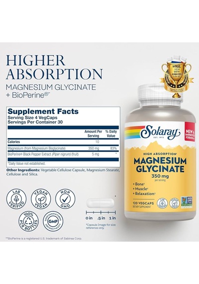 Solaray High Absorption Magnesium Glycinate 350 Mg 120 Vegetable-