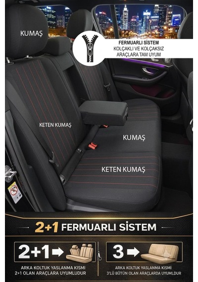 Perfetto Serisi Lüks Keten Üniversal Oto Koltuk Kılıfı - 5 Koltuk Tam Set Bordo
