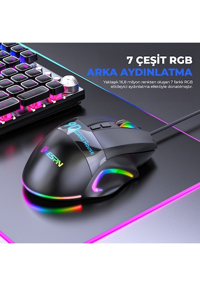 Mkespn X10 Rgb Gaming Mouse 12800 Dpı 9 Tuş Makro 1000hz Siyah Diğer