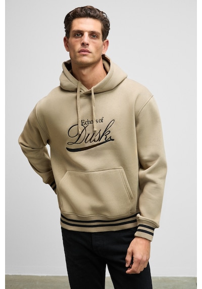 Grimelange Phantoseas Erkek Kapüşonlu Önü Nakışlı Etek Ve Kol Triko Detaylı Vizon Sweatshirt Vizon