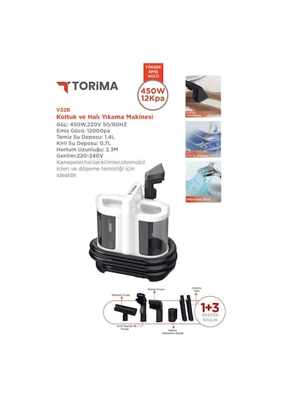 Torima V22B Koltuk Ve Halı Yıkama Makinesi + CB-08C Buharlı Temizleyici
