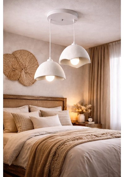 Beton Görünümlü Loft Stil Modern, Vegan, Çevre Dostu Salon , Mutfak İçin 2'li Şapka Sarkıt Avize Beyaz