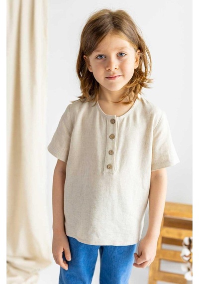 Oliven The Kid Oliventhekid Bej Keten Yarım Patlı Düğmeli Bisiklet Yaka Kısa Kol Erkek Çocuk Gömlek Bej Bej