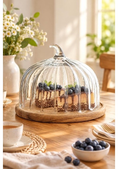 Akasya Ahşap Tabanlı Cam Kek Fanusu 30x24 Cm - Kapaklı Pasta Ve Tatlı Sunumluğu