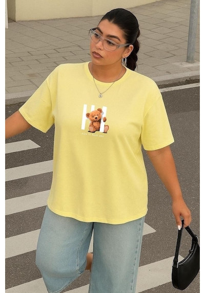 Büyük Beden Ayıcık Baskılı Unisex Tişört Sarı
