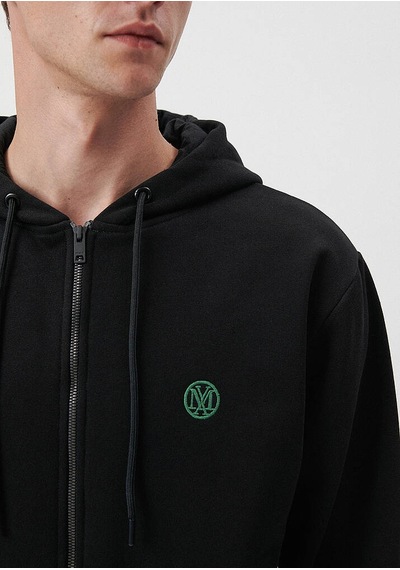 Erkek Mavi Logolu Kapüşonlu Fermuarlı Sweatshirt-siyah Siyah
