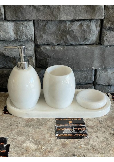 Beyaz Doğal Mermer Gümüş Aksesuarlı Oval 4'lü Elips Tepsili Banyo Seti Beyaz