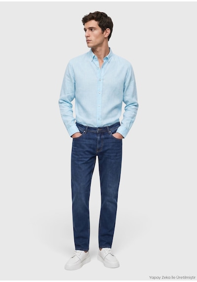 Ramsey Mint Düz Casual Fit Uzun Dokuma Casual %100 Keten Gömlek