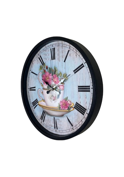 Siyah Floral Tea Cup Duvar Saati Çok Renkli