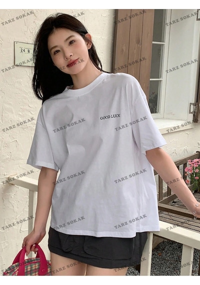 Adrift Good Lucky Baskılı Oversize Kalıp Unisex T-shirt Beyaz