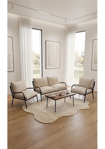 Balkon, Bahçe, Cafe Metal Koltuk Takımı 2 1 1 Sehpalı 50x80 Krem