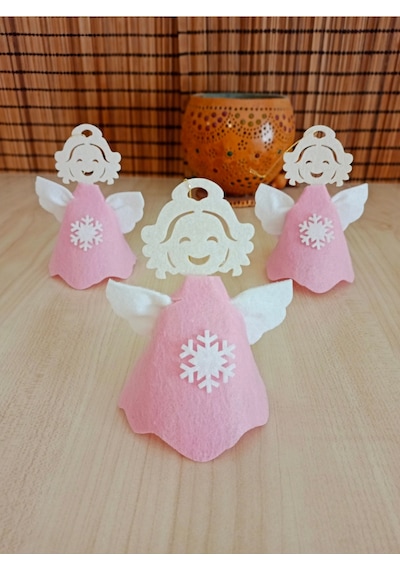 Pembe Elbiseli Keçe Melek 3'lü Set Yılbaşı Süsü - Kendin Yap Kolay Montessori Aktivite
