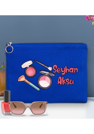 Bk Gift Kişiye Özel İsimli-1 Astarlı Mavi Portföy Çanta 30x21cm, Baskılı El Çantası, Organizer Çanta