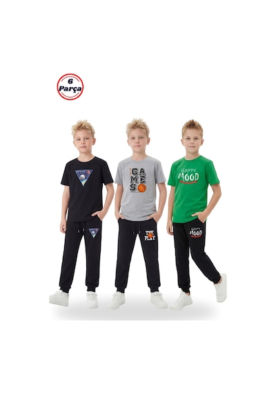 Panios Kids 3'lü Yuvarlak Yaka Baskı Detaylı Erkek Detaylı 6 Parça Erkek Çocuk Alt Üst Takım Gri - Siyah - Yeşil Panios Kids 3'lü Yuvarlak Yaka Baskı Detaylı Erkek Detaylı 6 Parça Erkek Çocuk Alt Üst Takım Gri - Siyah - Yeşil
