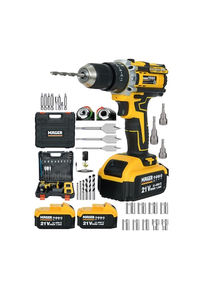 Mager XRZY-04YELLOW XR Led Işıklı  5 Pilli Darbeli Çift Akülü 30 Parça Set + Çantalı Akülü Vidalama Şarjlı Matkap