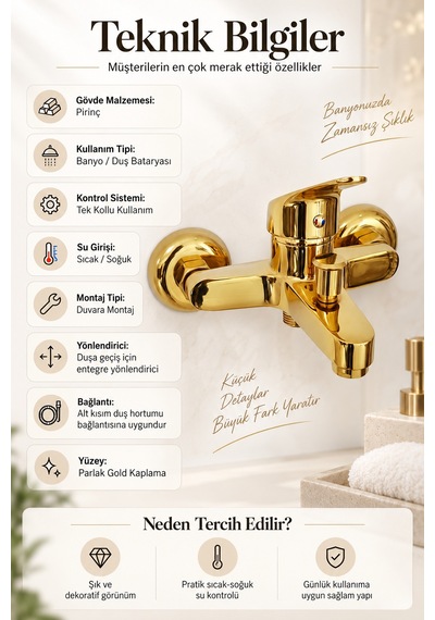 Flextail Gold Pirinç Banyo Bataryası Duş Musluğu Sıcak Soğuk Altın Tek Kollu