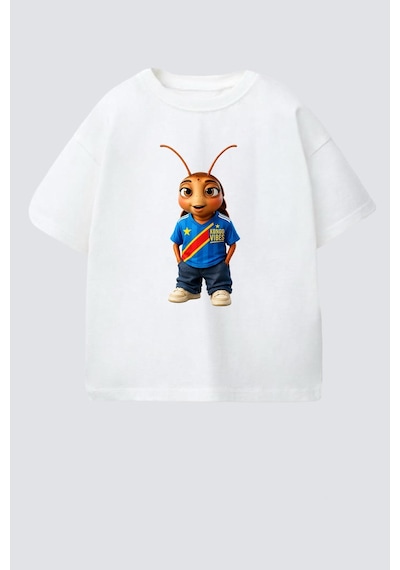 Monila Unisex Çocuk Pamuklu Demokratik Kongo Baskılı T-shirt Ekru