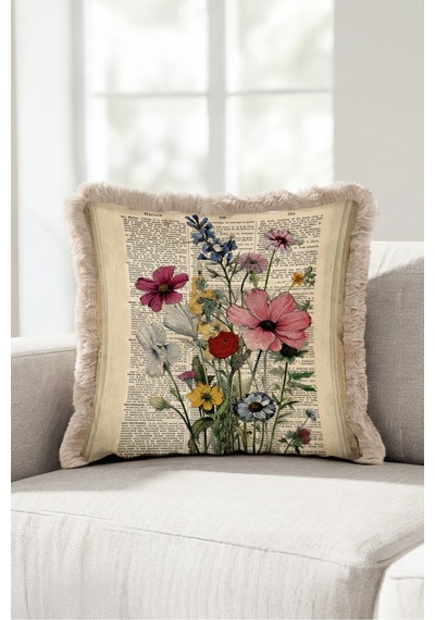 Vintage Çiçek Botanik Saçaklı Yastık Kılıfı-nostaljik Floral Krem Bej Vizon Püsküllü Kırlent Kılıfı Çok Renkli