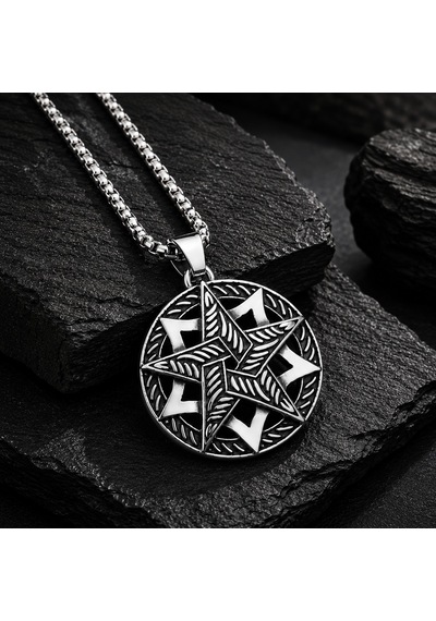 Antik Gümüş Antrasit Renk Paslanmaz Çelik Pentagram Yıldızı Kolye Metalik Gümüş