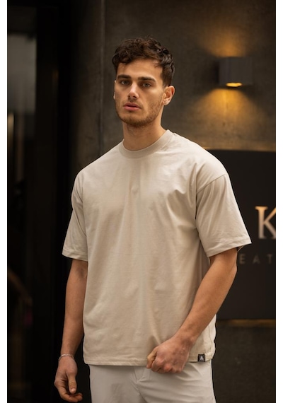 Gravel Oversize Bisiklet Yaka Pamuklu T-shirt - Bej Bej