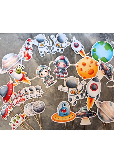 32 Parça Uzay Astronot Temalı Dev Set Doğum Günü Süsü, Banner Pasta Kürdanı Cupcake Süsü +0