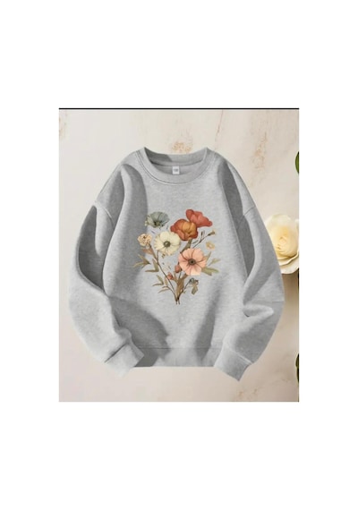Herkesemoda Çiçek Demeti Baskı Detaylı Bisiklet Yaka İçi Polarlı Sweatshirt Gri