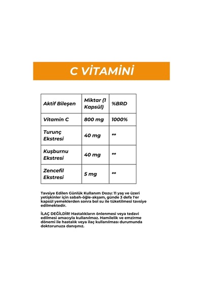 Vitamin C Turunç & Kuşburnu & Zencefil İle Doğal Destek 60 Tablet