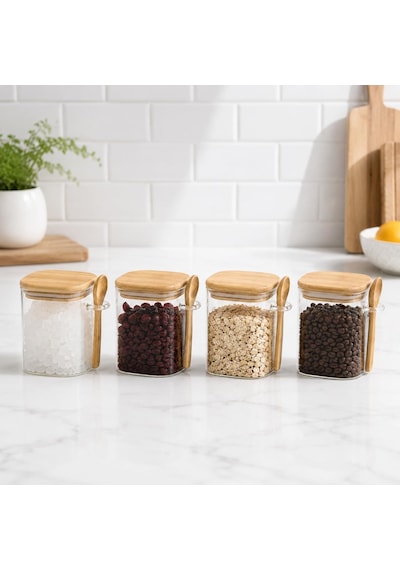 450 Ml Kaşıklı Cam Kavanoz 4'lü Set, Bambu Kapaklı Şeffaf Cam Saklama Kabı, Çay Kahve Şeker Baharat Kuruyemiş Kavanozu, Mutfak Düzenleyici Kaşıklı Baharatlık Seti Çok Renkli