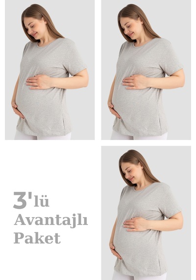 Arma Yıldız Pamuklu Kısa Kollu Hamile Tişört Gri 3'lü Paket Yumuşak Ve Rahat Hamile Giyim