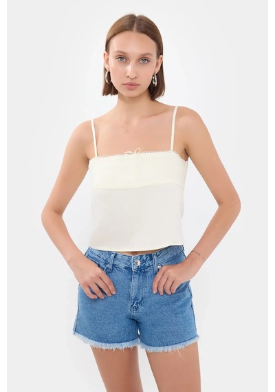 Hiccup Çizgili Kare Yaka Askılı Crop Top Beyaz