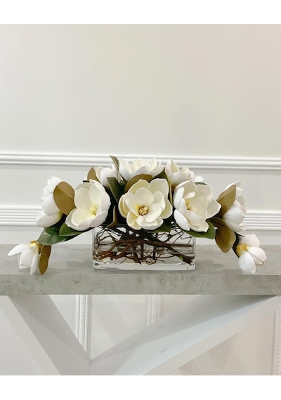 Yapay Çiçek Lüx Manolya Gerçek Dokulu Letex Eva Magnolia Gelin Çiçeği 40cm Beyaz