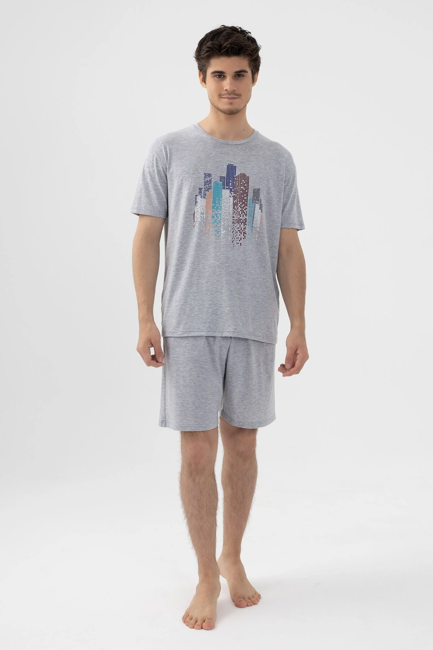 Erkek Gri Melanj Baskılı Şortlu Pijama Takımı Ko6305ts-2 Gri Melanj