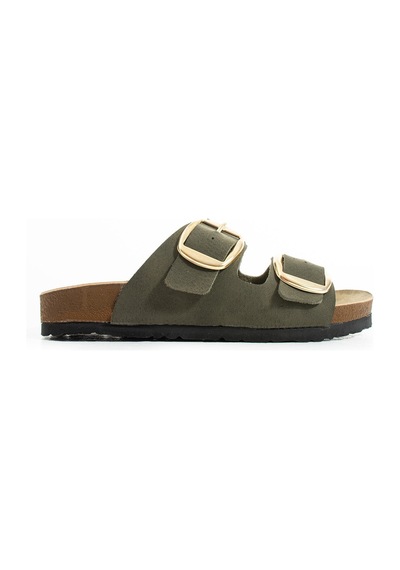 Polomia Comfort Lenora Anatomik Esnek Comfort Rahat Eva Taban Çift Bantlı Gold Toka Kadın Günlük Sandalet Terlik Haki