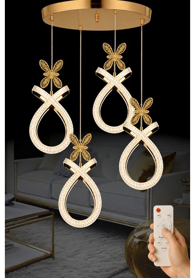 Karona Model 4 Lü Gold Kaplama 3 Renk Kumandalı Salon Mutfak Oturma Yatak Odası Modern Led Avize Sarı