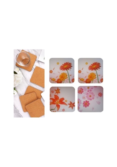 Ahşap Bardak Altlığı 4 Adet Çiçek Desen 9x9cm Çok Renkli