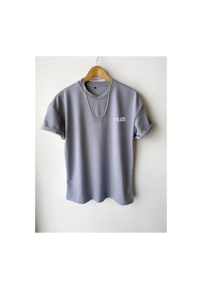 Flood Of Style Erkek Gri Polizei Baskılı Bisiklet Yaka Oversize Tshirt
