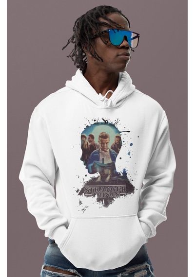 Sevbano Tasarım Stranger Things Baskılı Unisex Oversize Dizi Film Hoodie beyaz