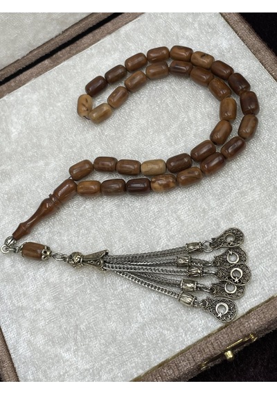 Alpaka Zincir Püsküllü Kapsül Kesim Bal Kahvesi Doğal Kuka Tesbih 7x11 Mm Kahverengi