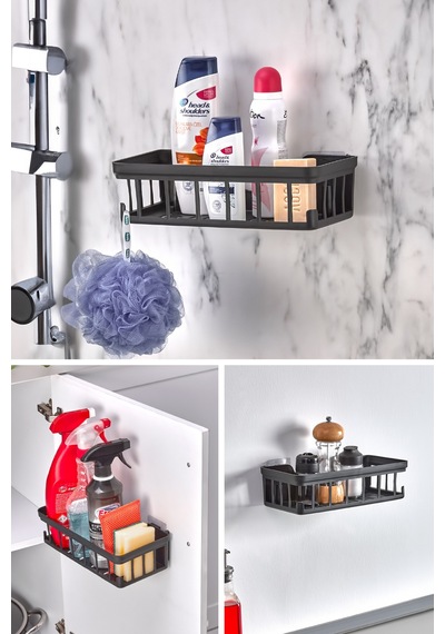 Yapışkanlı Şampuanlık - Banyo & Duş Düzenleyici Banyo Rafı - Sabunluk Organizer Antrasit Şeffaf