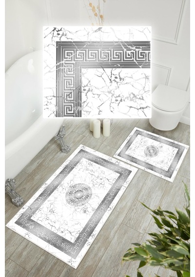 Dijital Baskı Mermer Desen Kaymaz Taban 2li Set Banyo Paspası Klozet Takımı 50x60cm-60x100cm Gri