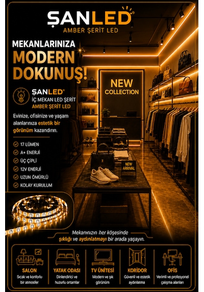 3 Çipli Şerit Led Amber Rengi 12v 5 Metre