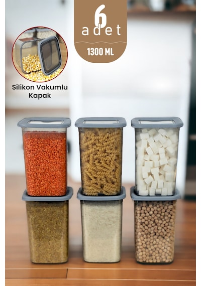 Silikon Kapaklı Erzak Bakliyat Saklama Kabı Kare Saklama Kutusu Seti 6 Adet 1300 ML