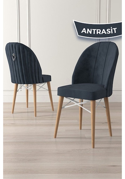 Canisa Ritim Serisi 6 Adet Antrasit Sandalye 1.sınıf Babyface Ithal Kumaş Doğal Ahşap Ayak Gümüş Halkalı Sandalye Antrasit Ayaklar Doğal Ahşap