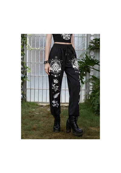 Tarzsokak Goth Skull Graphic Drawstring Waist 4 Mevsim Eşofman Siyah