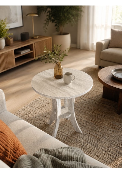 Fiskos Traverten Desen Mdf Ayak Yan Sehpa 50 Cm Çap - 60 Cm Yükseklik Modern Zigon Yan Sehpa Traverten Kumtaşı - Traverten